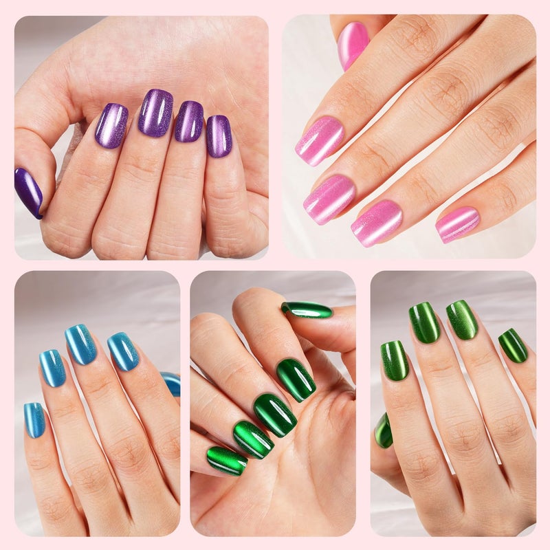Plauva Cat Eye Press on Nails Short Square, 300Pcs Soft Gel Fake Nails, Glossy Glitter Cat Eye Nail Tips for Women and Girls Stick On Nails in 15 Sizes - Image 4